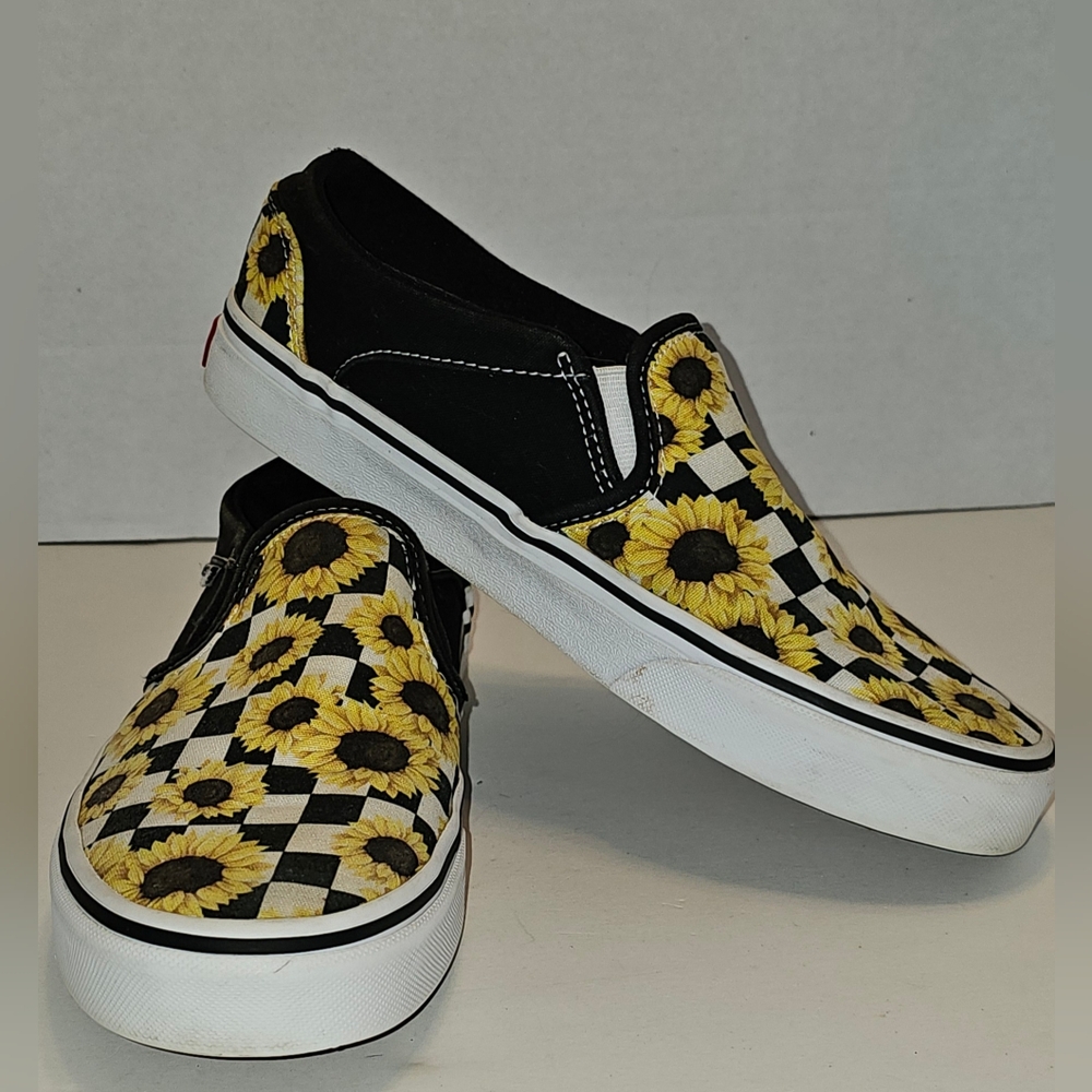 Vans Sunflower Checkered Shoes Women Slip On Canvas Sneakers Size 8 500714